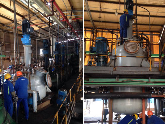 我公司为用户设计制造的28000L4台不锈钢磁力搅拌缩合釜进行指导安装